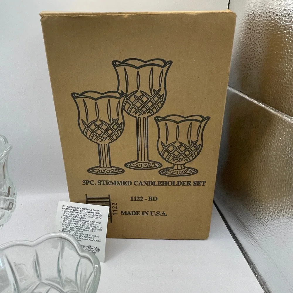 Home Interiors Stemmed Candle Holder Set 3pc Clear Glass Diamond Cut Vintage 90s